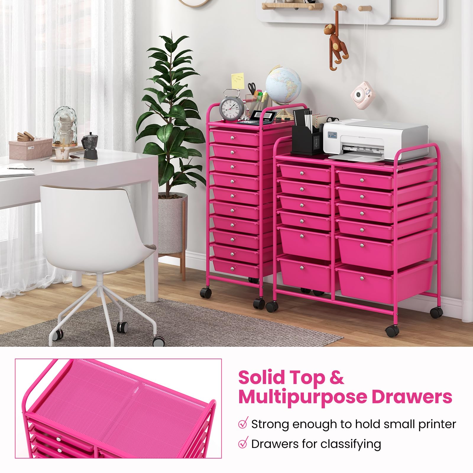 RELAX4LIFE 12-Drawer Rolling Craft Storage Cart with Wheels - Mobile Organizer for Art Supplies, Office, School & Beauty Salon - Pink Utility Cart for Easy Access & Space Saving Organization