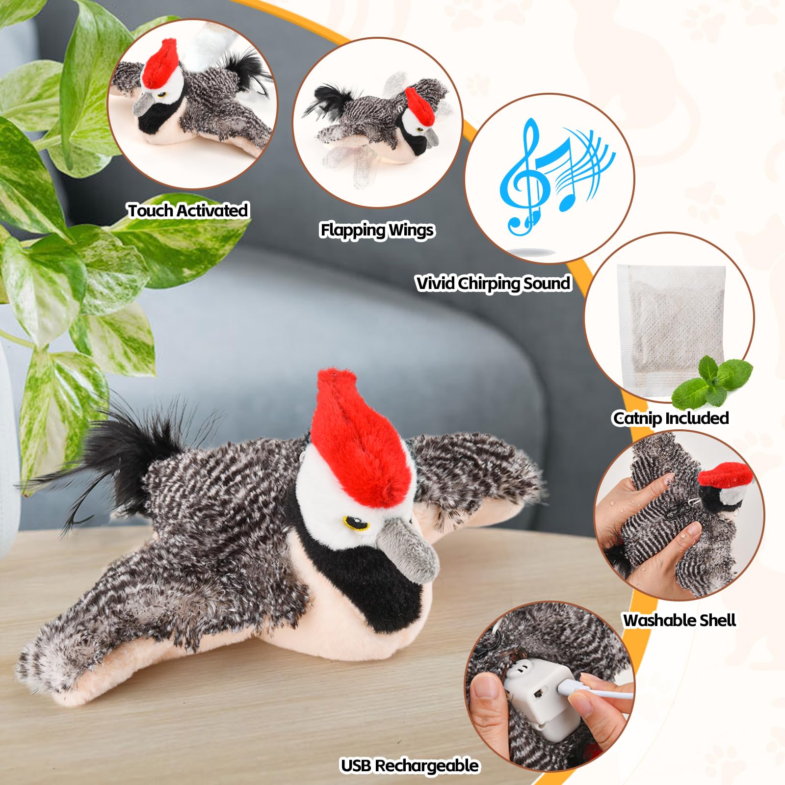 Interactive Flappy Bird Cat Toy with Chirping Sounds & Flapping Wings - Plush Woodpecker Kitten Exercise Toy for Indoor Cats - Perfect for Playtime, Hunting Instinct Stimulation & Catnip Fun