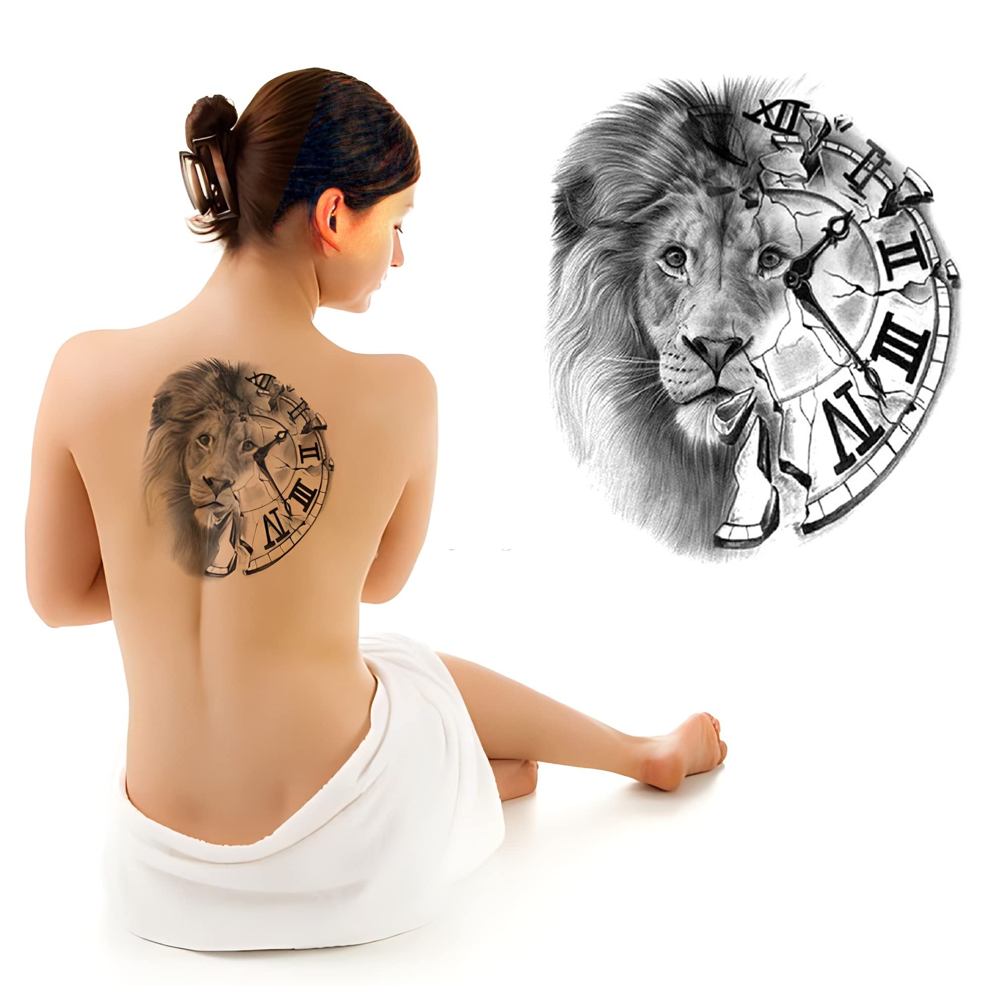 Waterproof Temporary Tattoos for Men & Women - Lion Face with Half Clock Design | Long Lasting Fake Tattoos for Parties, Halloween & Cosplay | S.A.V.I Fashion Body Art