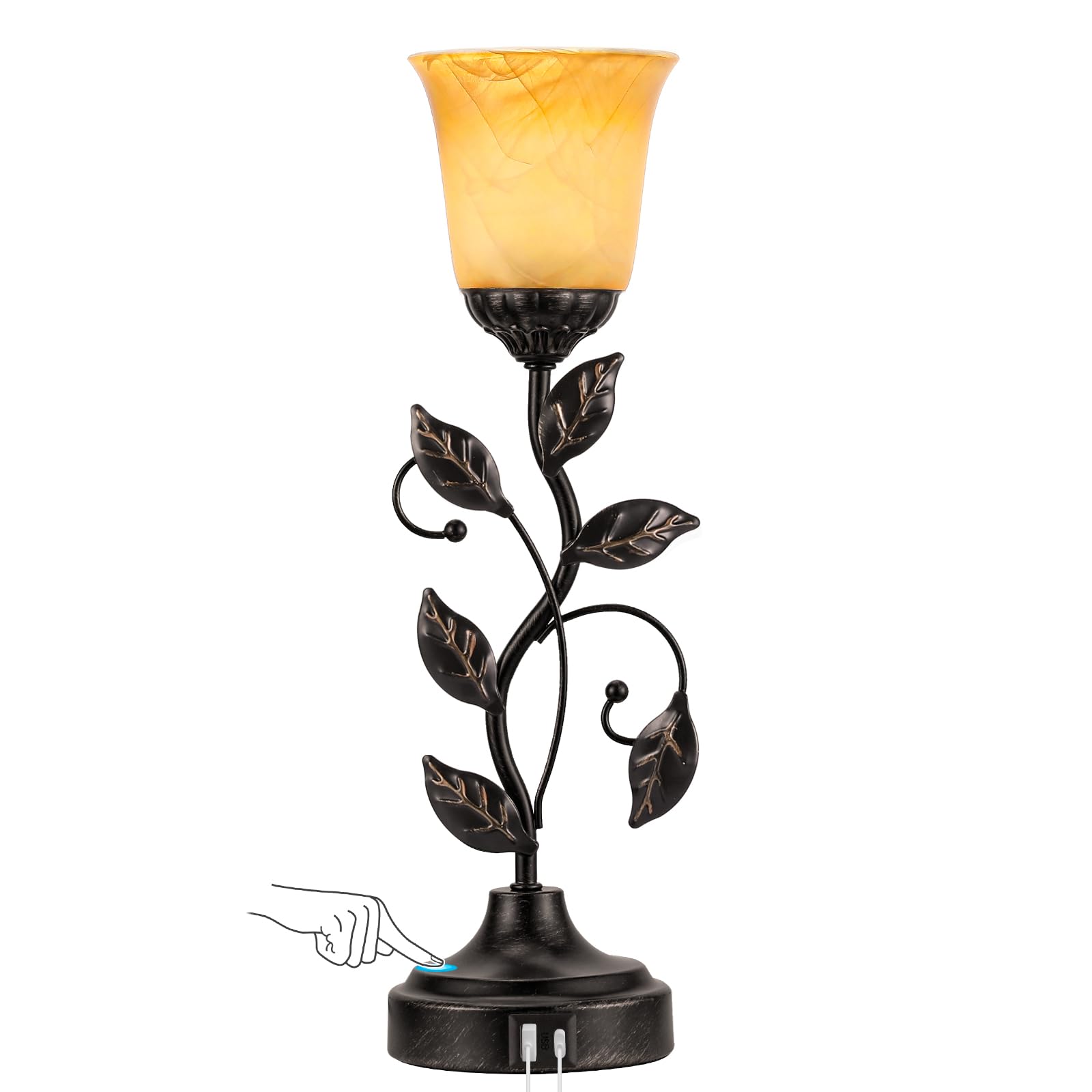 Kakanuo 3-Way Dimmable Touch Table Lamp with USB Charging Ports - Retro Amber Glass Lampshade LED Bedside Lamp for Bedroom & Living Room (Perfect for Reading, Nightstand Decor, and Ambient Lighting)