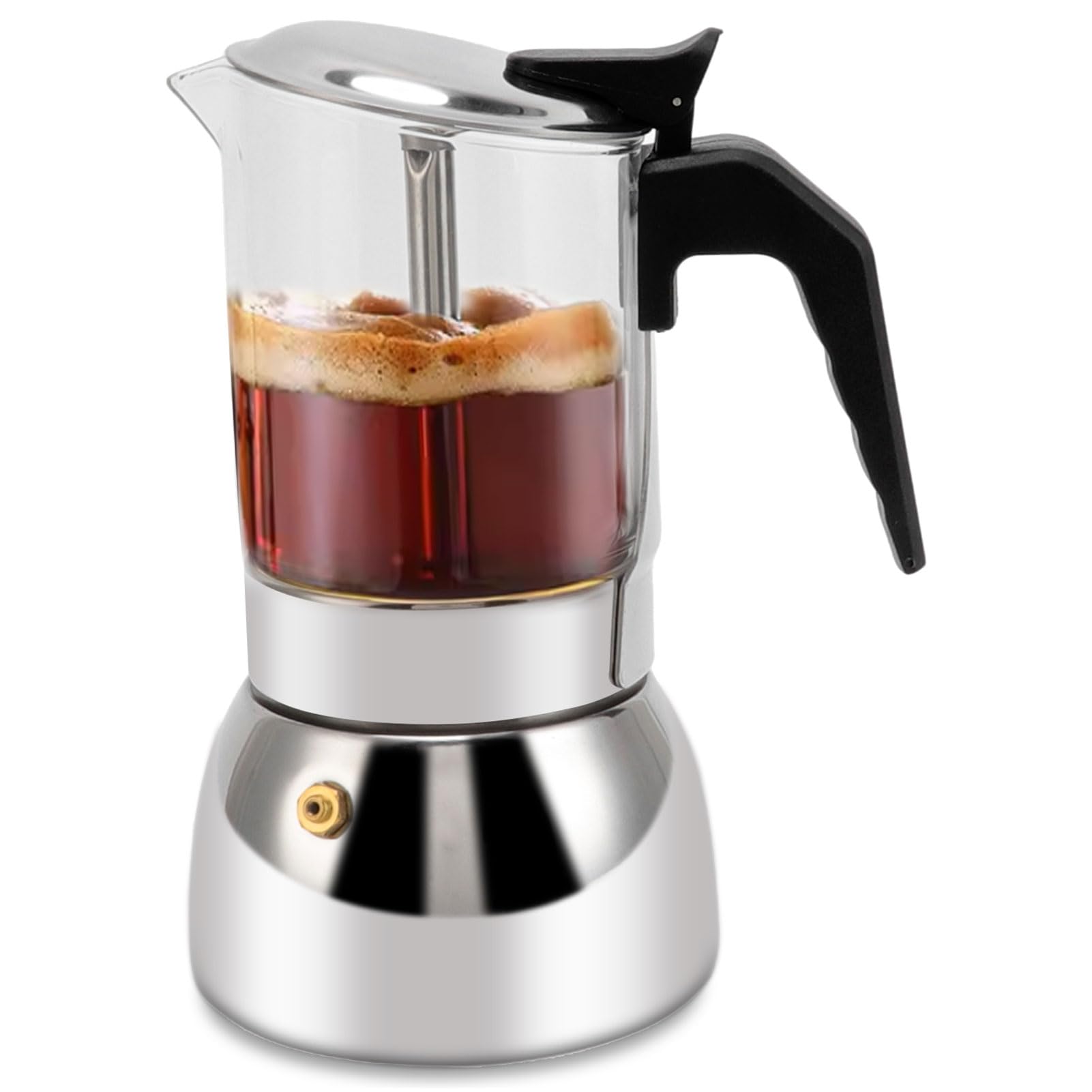 **Stainless Steel Induction Moka Pot - 300ml/10oz Italian Stovetop Espresso Maker with Crystal Glass Top & Safety Valve | Perfect for Home, Office & Camping Coffee Brewing**