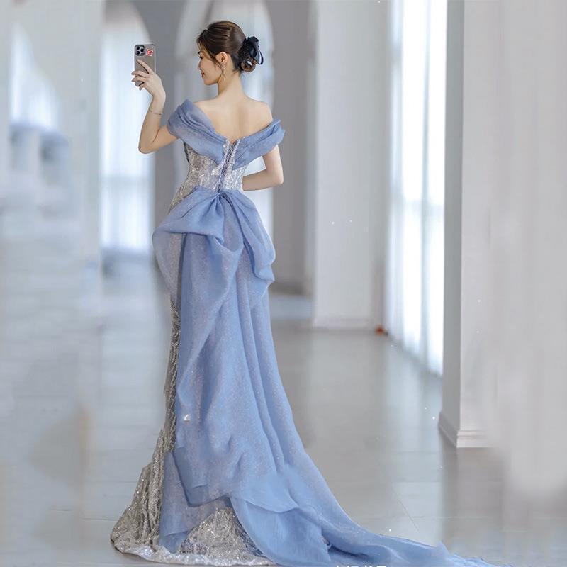 Elegant Light Blue Beaded Mermaid Prom Dress with Off-Shoulder Neckline - Size 42 | Perfect for Evening Gala, Formal Dances & Special Occasions