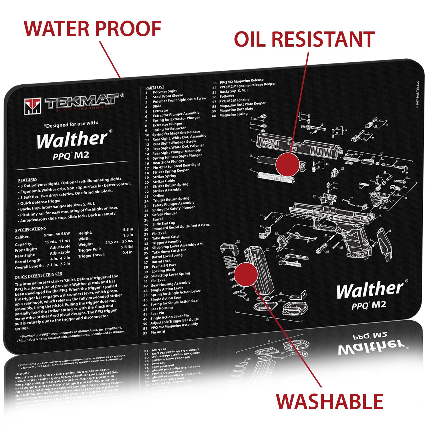 Walther PPQ M2 Gun Cleaning Mat - Non-Slip TekMat with Cleaning Guide | Perfect for Firearm Maintenance & Range Use
