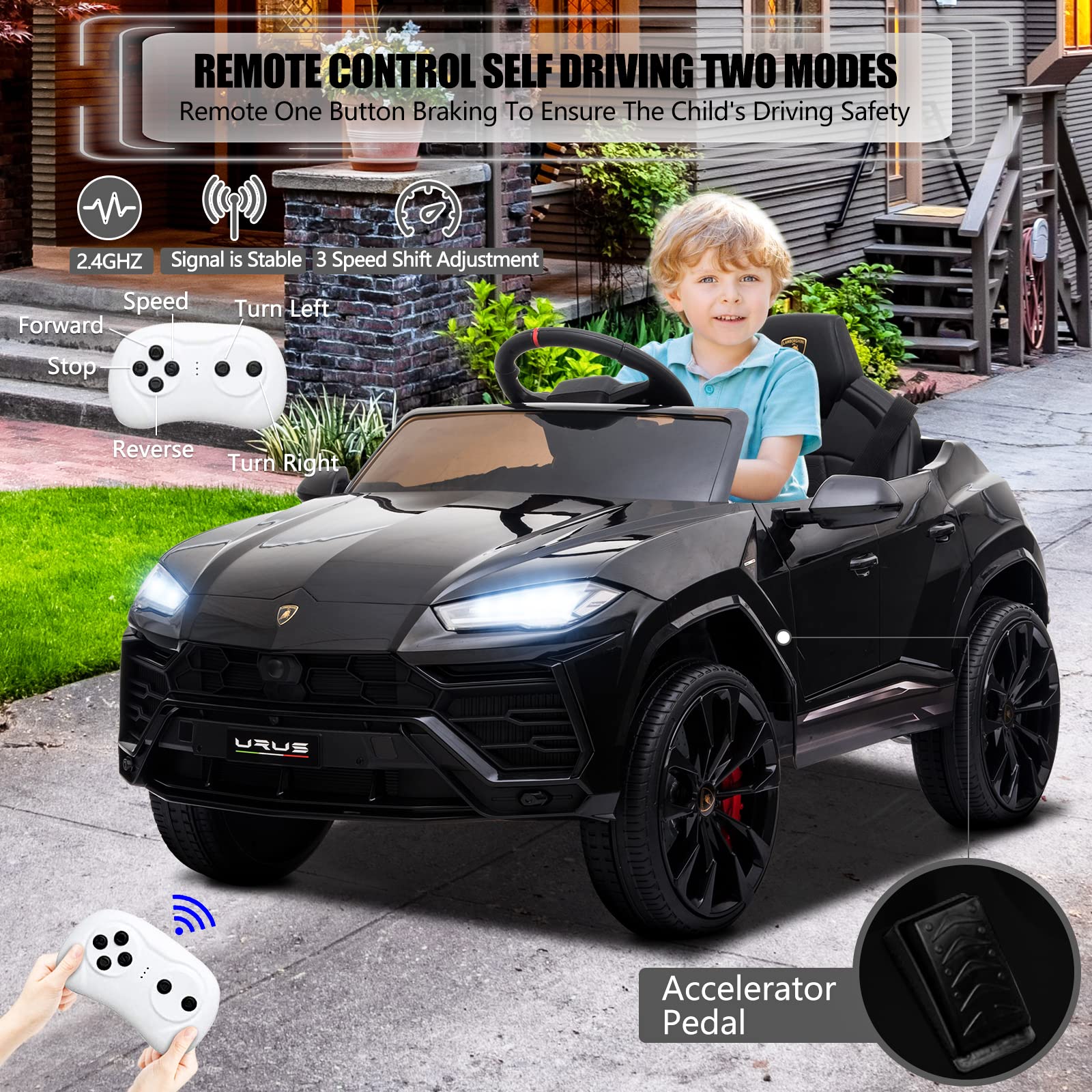 12V Licensed Lamborghini Kids Electric Ride On Car with Remote Control - AUX, Spring Suspension, LED Lights & Music - Perfect for Birthday Gifts & Outdoor Play (Black)