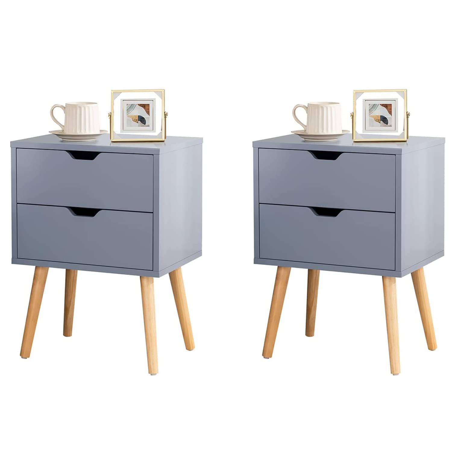 Modern End Side Table Nightstand with 2 Storage Drawers - Solid Wood Legs Bedside Cabinet for Bedroom & Living Room - Easy Assembly Grey Nightstand | Perfect for Small Spaces, Apartment Decor & Guest Room Furniture