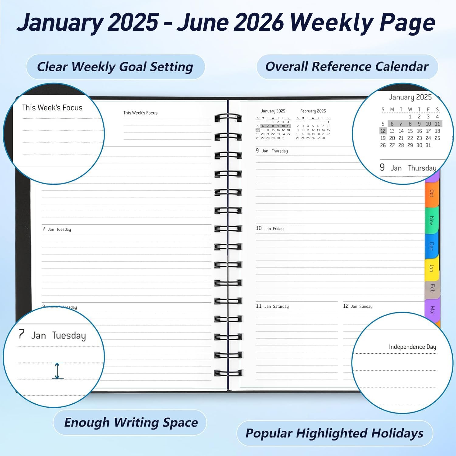 2025-2026 18-Month Daily Planner with Tabs - Spiral Bound Calendar Organizer for Yearly, Monthly & Weekly Planning (Jan 2025-Jun 2026) | Flexible Cover, 100GSM Thick Paper, A5 Size | Perfect for Work, School & Personal Time Management | Black