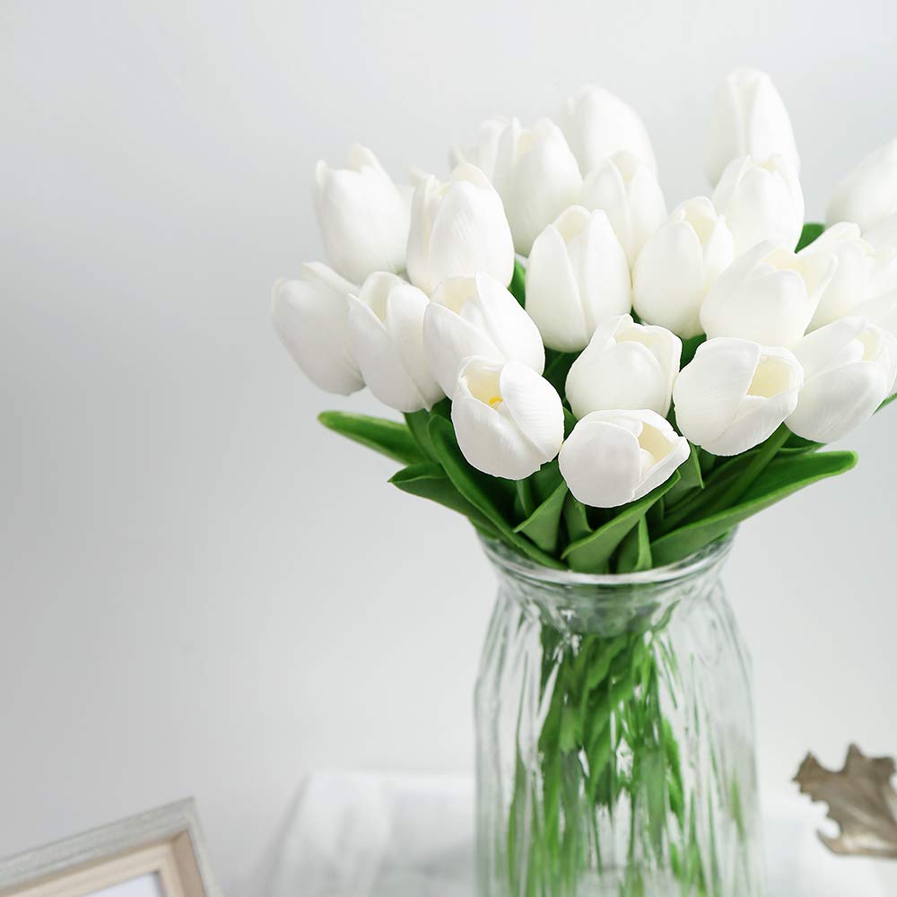 24PCS White Tulips Artificial Flowers - Real Touch Fake Tulips for Home Decor, Wedding Bouquet, Party Centerpieces, Baby Shower & Bridal Decor | Lifelike Silk Flowers for Table, Vase & Event Decoration