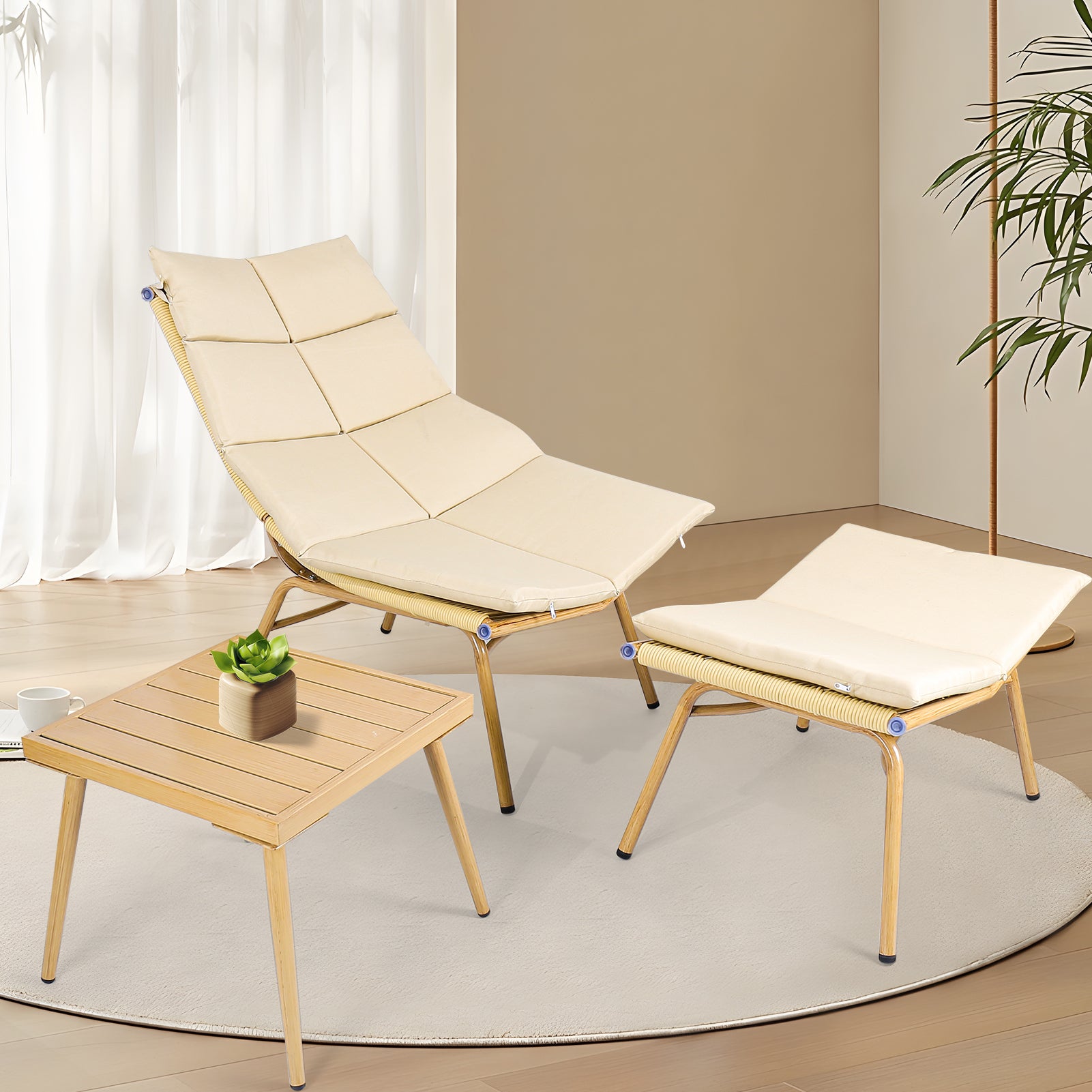 Wooden Chaise Lounge Chair with Side Table - Indoor & Outdoor Alloy Frame Recliner (380lbs Capacity) - Perfect for Camping, Gaming, Lunch Breaks, Garden Parties & Sunbathing