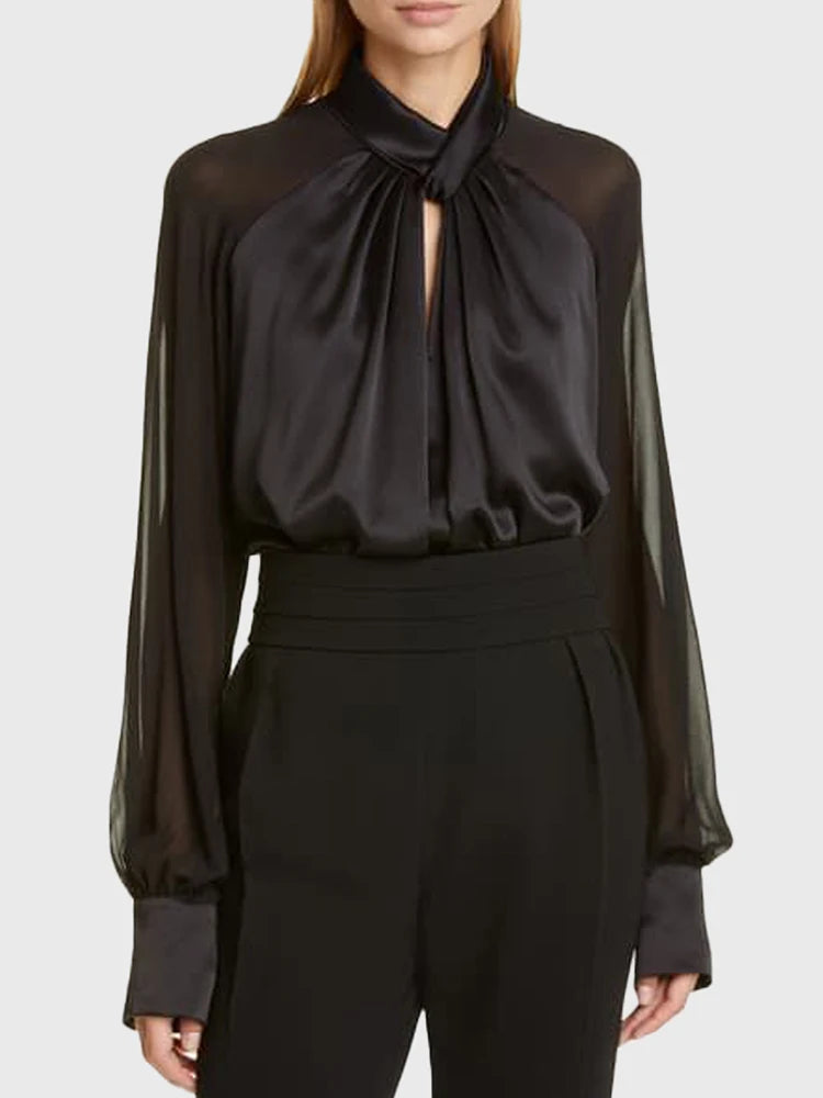 Women's Black Stand Collar Loose Long Sleeve Blouse with Cut Out Detail - Casual Solid Pullover Top for Fall Fashion | Perfect for Office Wear, Date Nights & Autumn Layering