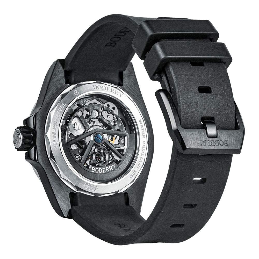 BODERRY Men's Stainless Steel Skeleton Automatic Watch - 72H Power Reserve, Self-Winding Mechanical Movement, Luminous Hands, Leather/Rubber Strap - Perfect for Business, Casual & Outdoor Activities
