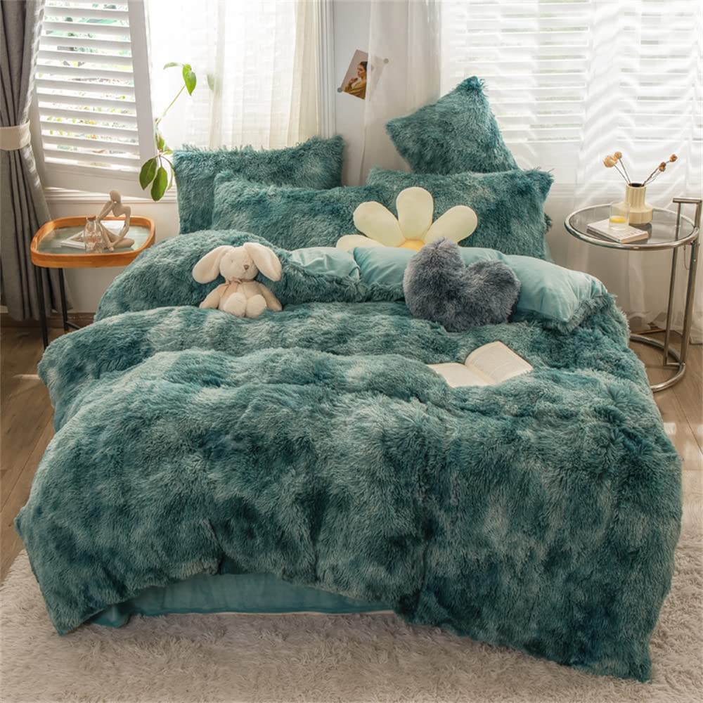 Gusuhome 5-Piece Shaggy Plush Duvet Cover Set - Ultra Soft Fuzzy Flannel Bedding, Long Faux Fur Comforter Cover with Zipper Closure, Full Size Green Ombre - Perfect for Cozy Winter Nights & Luxury Bedroom Decor