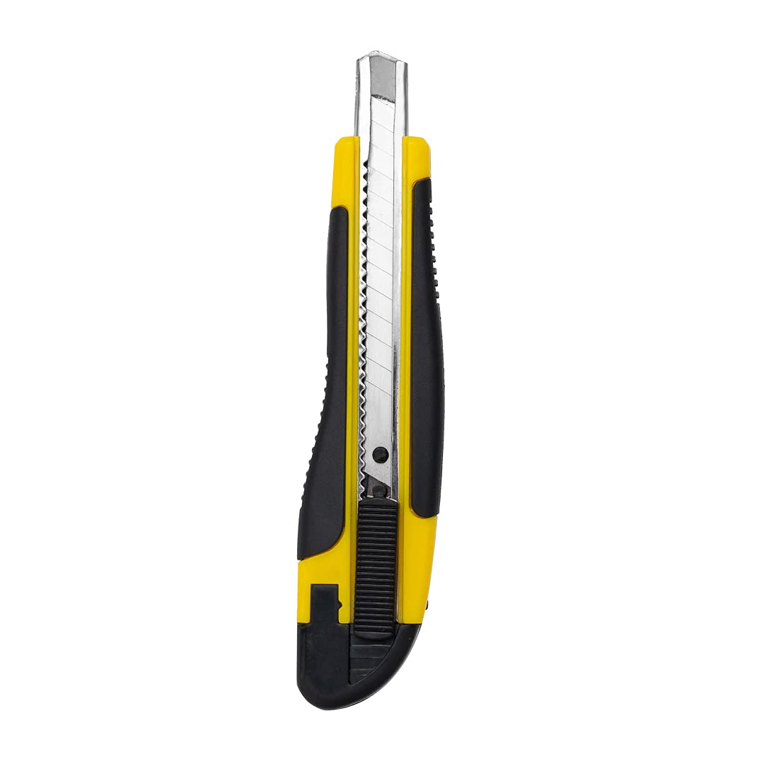 Handy Tek 5.3 Inch Retractable Utility Knife Set of 4 - Snap-Off Blades with Built-In Safety Lock, Heavy Duty Sharp Breakaway Knives for Restaurant, Kitchen, Office & DIY Projects - Yellow Plastic Handle Box Cutter