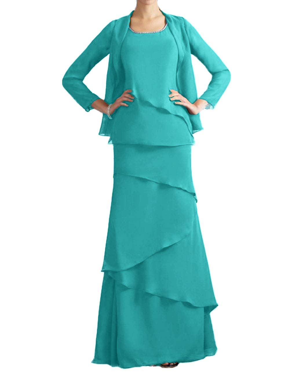 Elegant Mother of The Bride Long Sleeve Chiffon Evening Gown with Tiered Skirt - Formal Wedding Guest Dress for Special Occasions & Black Tie Events