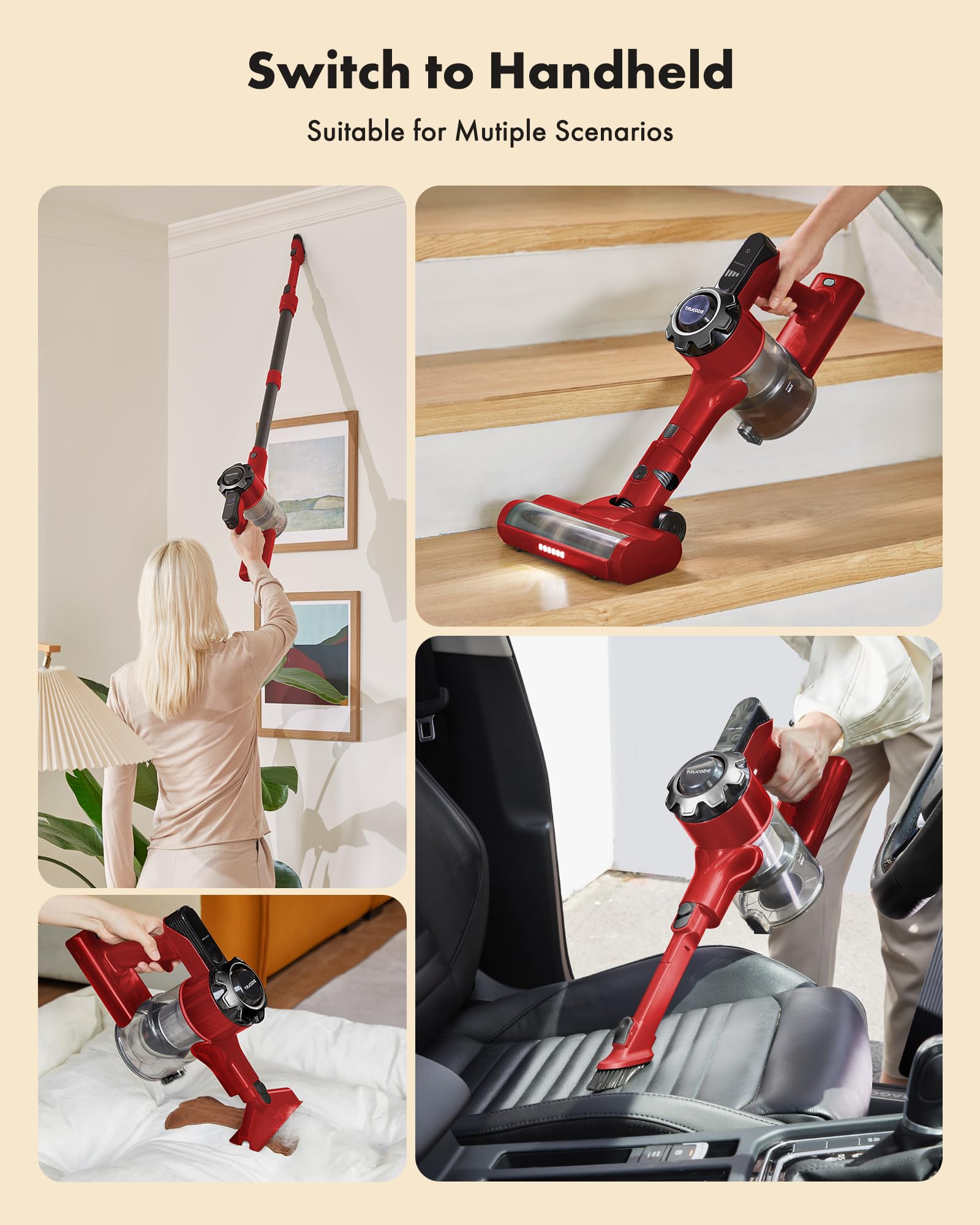 8-in-1 Cordless Vacuum Cleaner with 45min Runtime - Powerful Suction Rechargeable Stick Vacuum for Carpet, Tile, Hardwood Floors & Pet Hair - Lightweight Red Vacuum for Home Cleaning & Car Detailing
