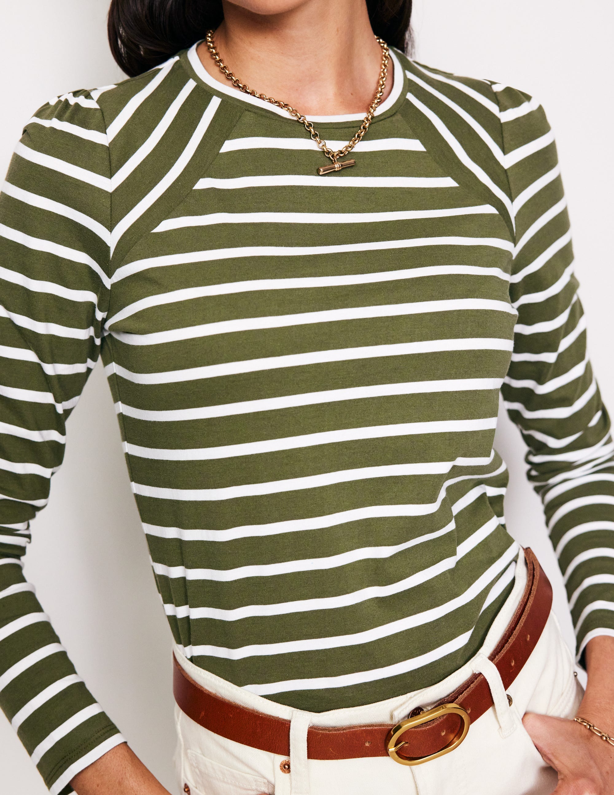 Arabella Striped Jersey Top for Women - Khaki & Ivory Striped Casual Shirt, Perfect for Everyday Wear, Office, and Weekend Outings