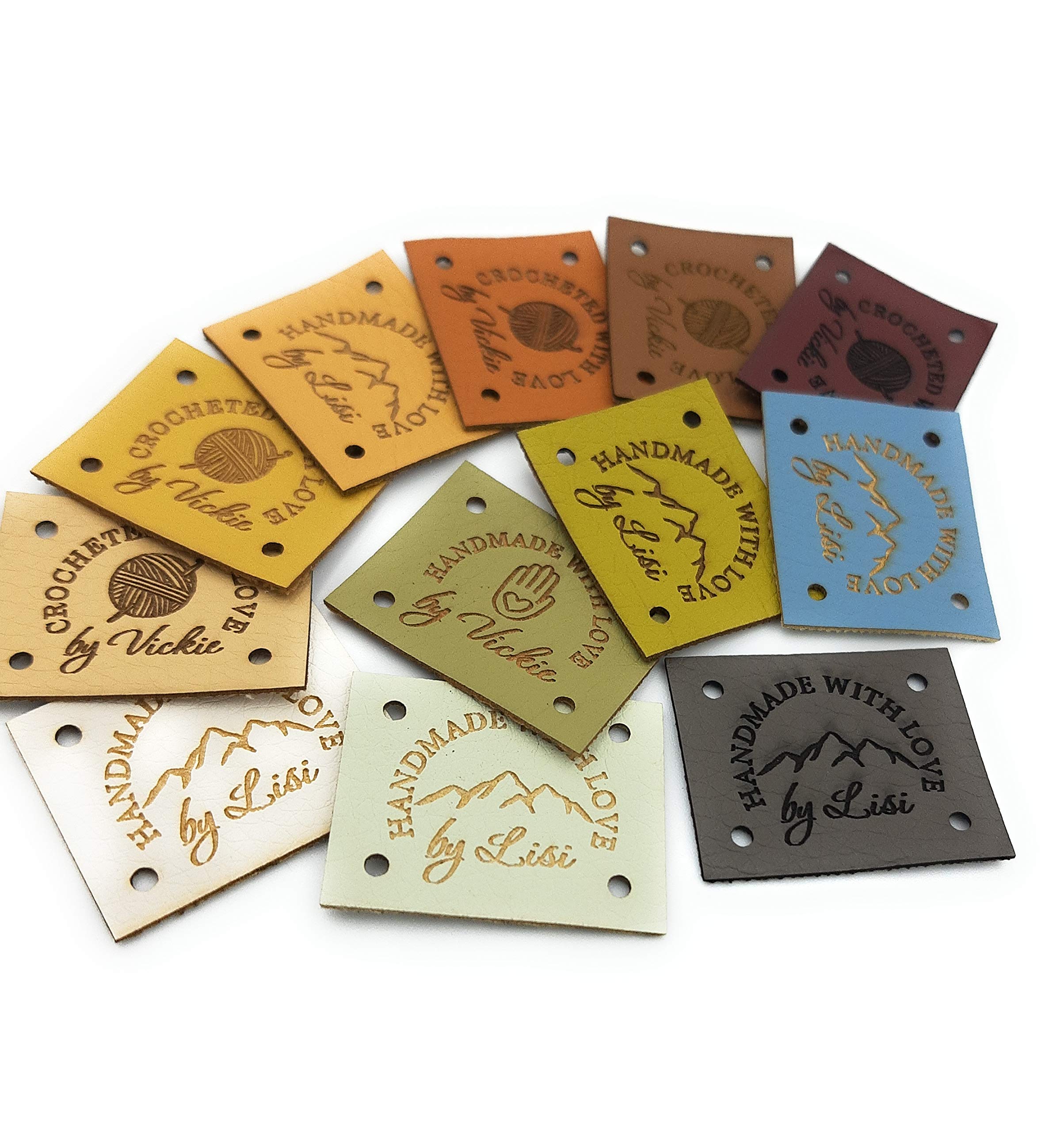 Vegan Leather Tags & Custom Sewing Labels for Handmade Items - Personalized Crochet & Knitting Labels - 25pc Set with Various Sizes & Shapes - Perfect for DIY Crafts, Gift Tags & Clothing Branding