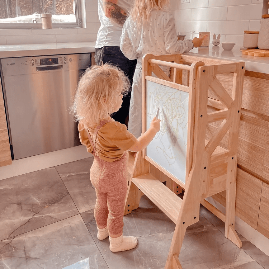 JALA Deluxe Adjustable Montessori Learning Tower for Toddlers - Solid Wood Step Stool with Safety Rail & Duck Handle - Perfect for Kitchen, Baking, and Playtime Independence