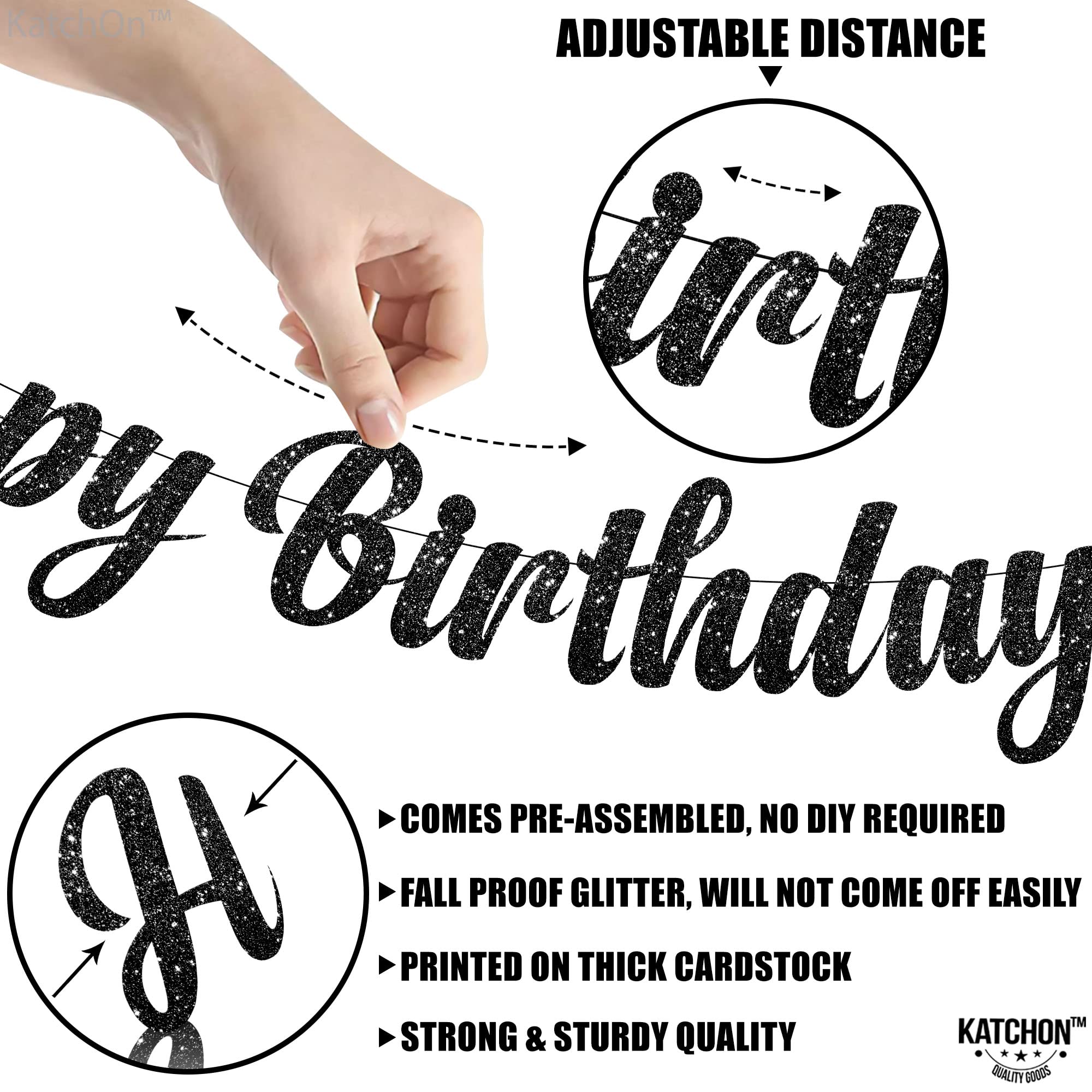 KatchOn Glitter Black Happy Birthday Banner - Pre-Strung 10ft Large Birthday Sign for Men | Gothic Birthday Party Decorations | Perfect for Adult Birthday Parties, Halloween Celebrations & Dark Theme Events
