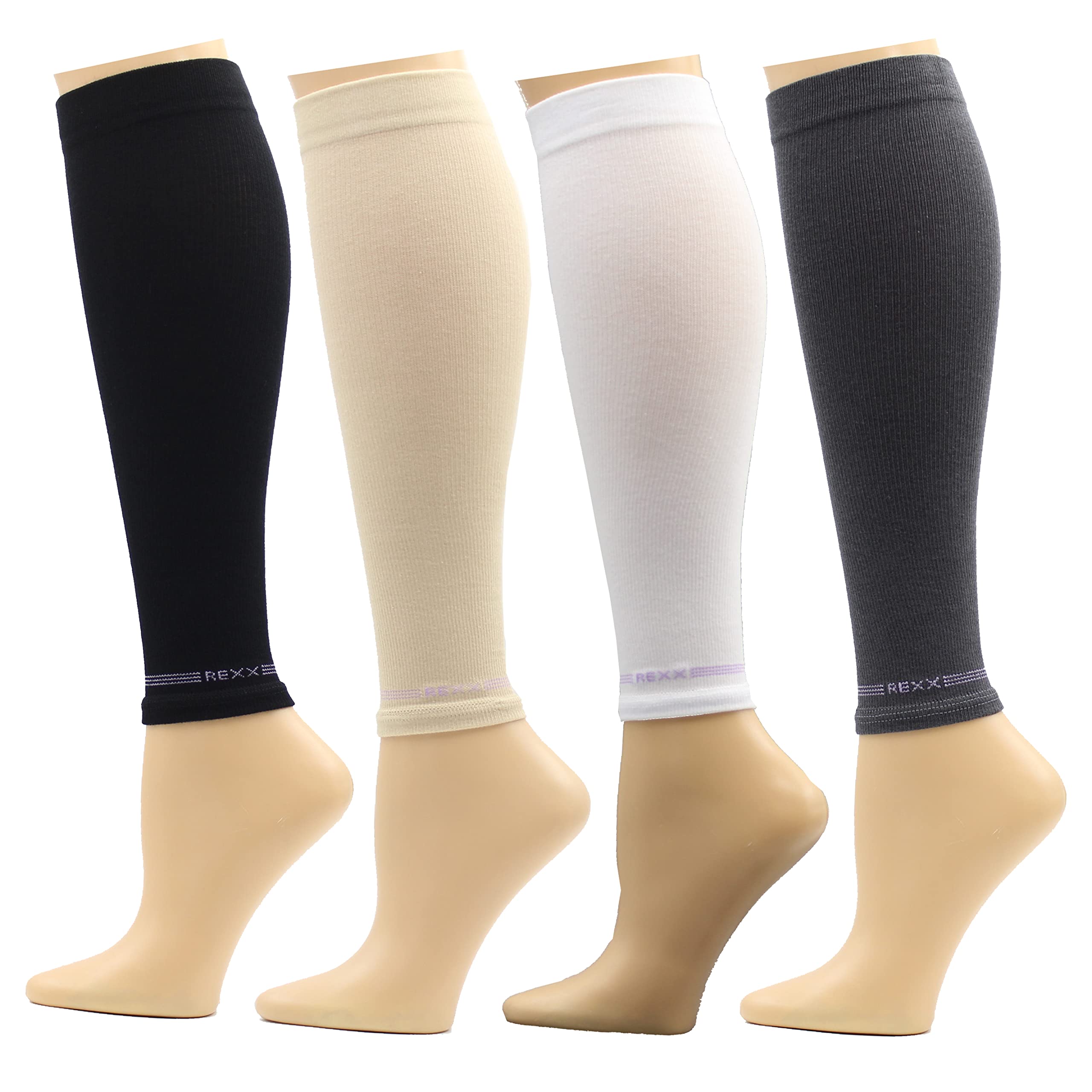 REXX 4 Pairs Calf Compression Sleeves for Men & Women - Breathable Cotton Blend Leg Support Sleeves for Running, Cycling & Workout - Footless Compression Socks for Sports & Recovery