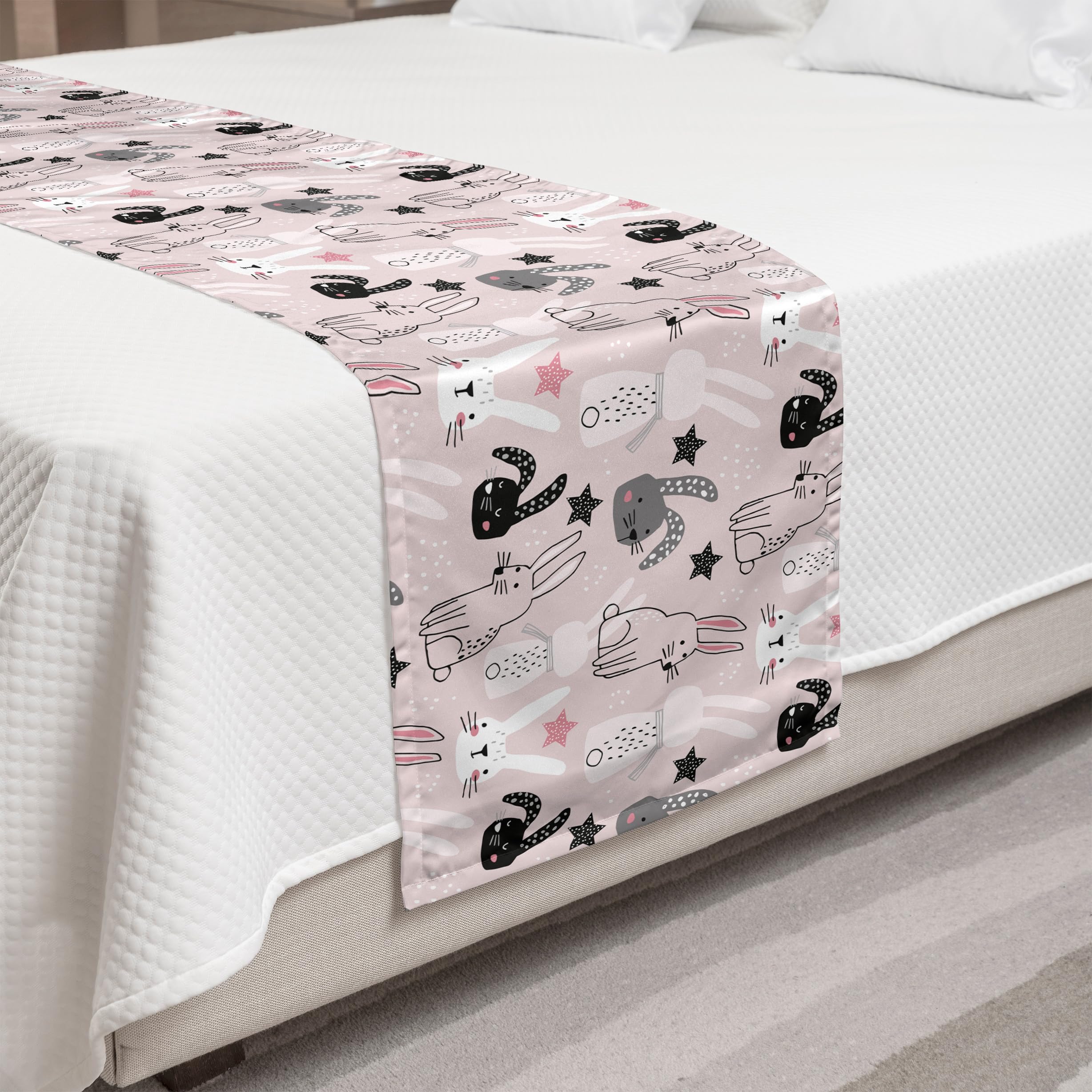 Ambesonne Easter Bunny Bed Runner - Hand Drawn Cartoon Bunnies & Stars Design - Decorative Bed Scarf for King Size Beds - Rose Charcoal Grey - Perfect for Easter Decor, Spring Bedroom Makeover & Hotel Room Styling