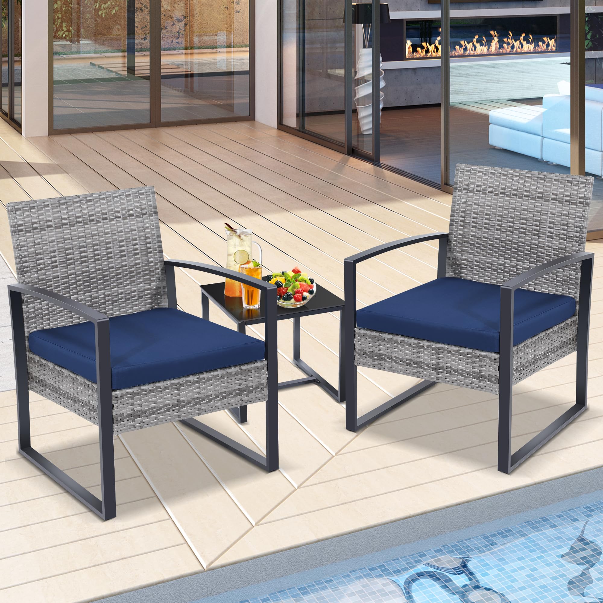 3-Piece Outdoor Wicker Bistro Set with Table & 2 Chairs - Grey Rattan Patio Furniture with Blue Cushions - Perfect for Porch, Balcony, Garden & Backyard Relaxation