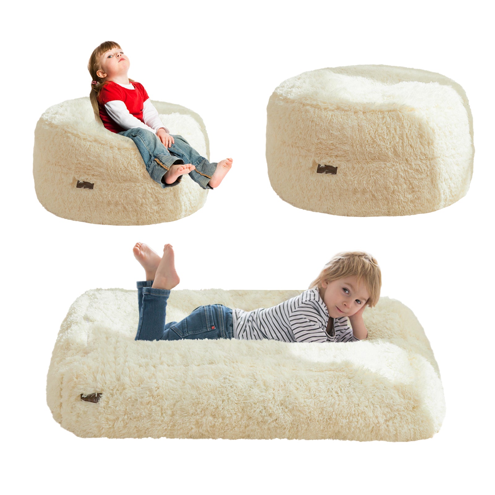 MAXYOYO Kids Bean Bag Chair Bed - Convertible Plush Bean Bag Folding from Chair to Floor Mattress for Boys & Girls, Beige - Perfect for Playroom, Bedroom & Lounge Areas