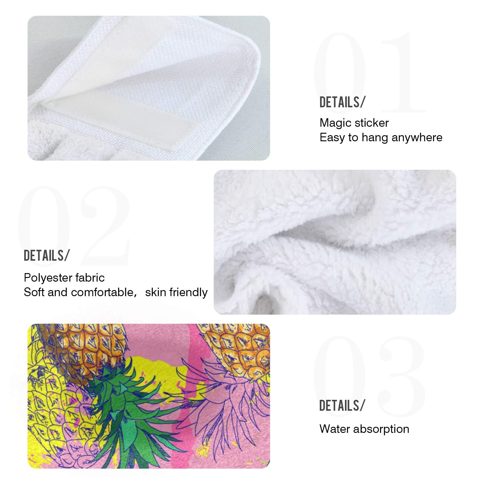 Set of 2 Pineapple Print Hanging Hand Towels - Soft Microfiber Kitchen Towels with Loops, Absorbent Dish Cloths & Fingertip Towels for Bathroom, Stove - Tropical Fruit Themed Home Decor for Summer Kitchen & Beach House