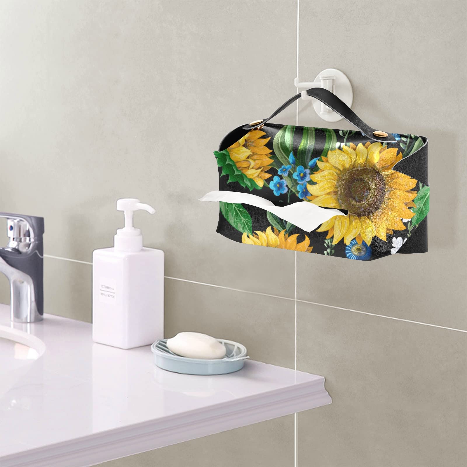 **Seamless Black Leather Tissue Box Cover with Yellow Sunflowers & Green Leaves - 5.7x5.7x5.7 in - Perfect for Bathroom, Home, Office Desk, Nightstand & Car**    *(Use Case: Stylish & functional tissue box cover for home decor, bathroom essentials, office organization, or car accessories.)*