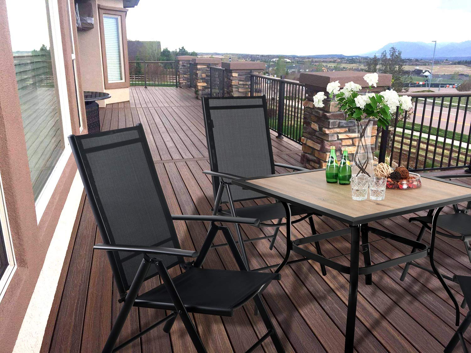 Sophia & William 5-Piece Outdoor Dining Set - 4 Adjustable Foldable Textilene Sling Chairs & 1 Square Table with Wood-Like Table Top & Umbrella Hole - Black Patio Furniture for Backyard, Garden, Poolside or Deck