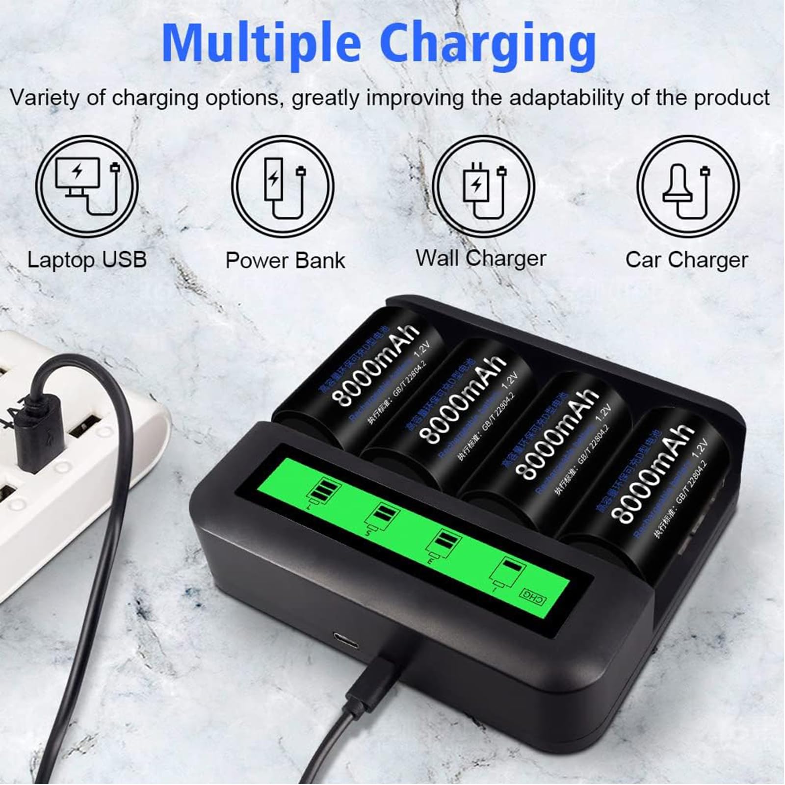 Rechargeable C Batteries 4 Pack 5000mAh with 8 Bay LCD Battery Charger for Ni-MH AA AAA C D - Long Lasting Power for Flashlights, Toys, Remote Controls & Electronics