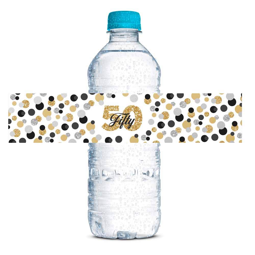 50th Birthday Party Waterproof Bottle Stickers - Confetti Polka Dot Wrap Around Labels for Anniversary Celebrations (20 Pack, 1.75