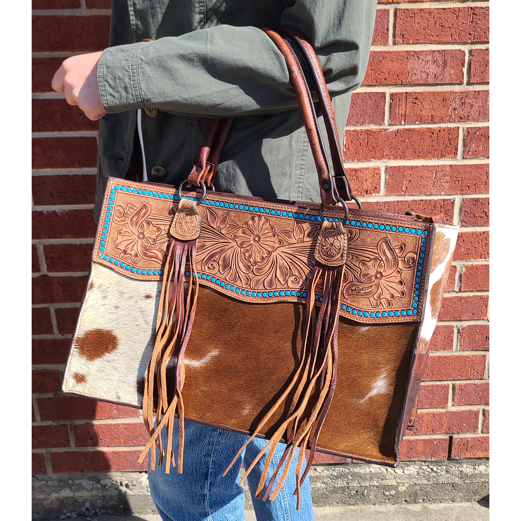 American Darling Conceal Carry Tooled Leather Hide Tote Bag - Stylish & Functional for Everyday Use, Travel, and Concealed Carry