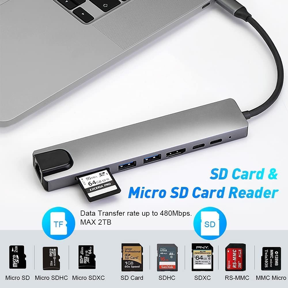 8-in-1 USB C Hub Adapter with 4K HDMI, Ethernet RJ45, 100W PD Charging, SD/TF Card Reader, USB 3.0/2.0 Ports - Compatible with MacBook Air/Pro, iPhone 15 Plus/Pro/Max, Nintendo Switch - Perfect for Home Office, Gaming & Travel