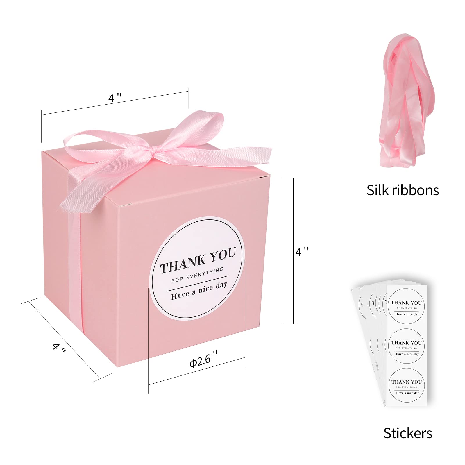60 Pack 4x4x4 Inch Small Pink Gift Boxes with Lids - Premium Wedding Party Favor Boxes for Bridesmaid Proposals, Candy, Cupcakes & DIY Crafts - Includes Ribbons & Stickers (Pink, 60 Count) | Perfect for Birthday Gifts, Baby Showers & Holiday Packaging