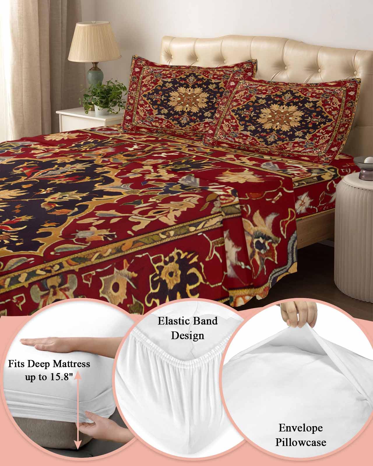 Red Medallion Floral King Sheet Set 4-Piece - Breathable Cooling Bedding with Deep Pockets | Retro Boho Tribal Design | Luxury Hotel Quality Sheets for Comfortable Sleep