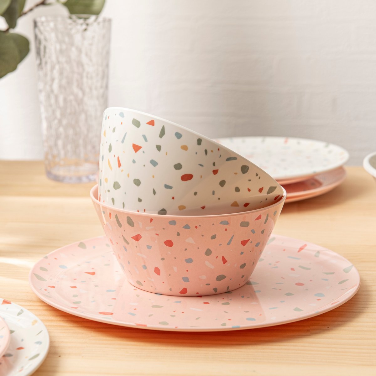 12-Piece Outdoor Dinnerware Set - Pink Confetti Design - Durable Melamine Plates, Bowls & Cups - Perfect for Picnics, BBQs, and Pool Parties