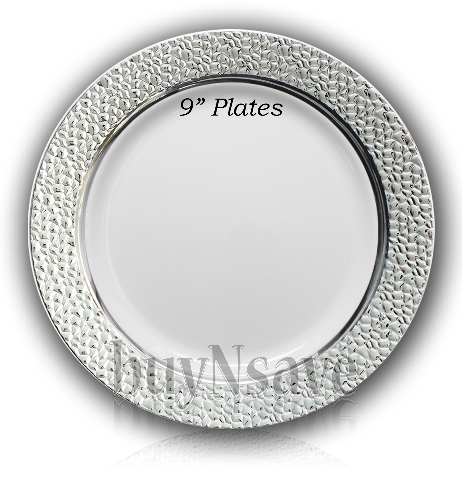 Elegant Heavyweight Plastic Disposable Plates - White with Silver Hammered Design, 9 Inch Dinner Plates (Pack of 40) for Weddings, Parties, and Special Events - Durable & Stylish Disposable Dinnerware