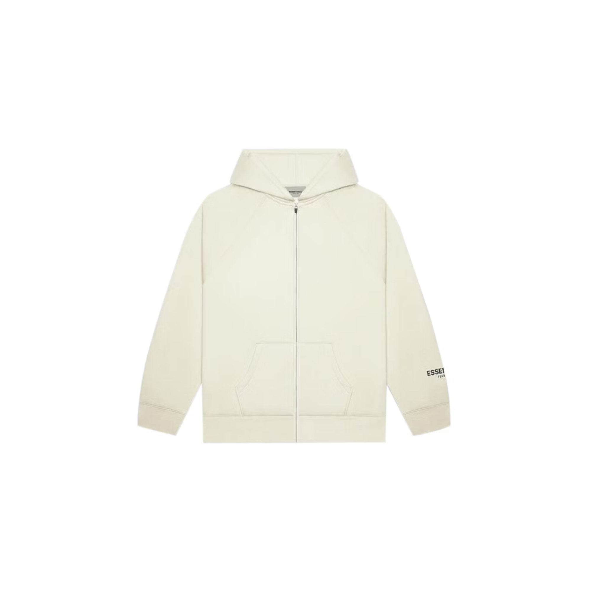 Fear of God Essentials Full Zip Up Hoodie with Applique Logo in Buttercream (2020) | Men's Streetwear Fashion for Casual Outfits & Layering