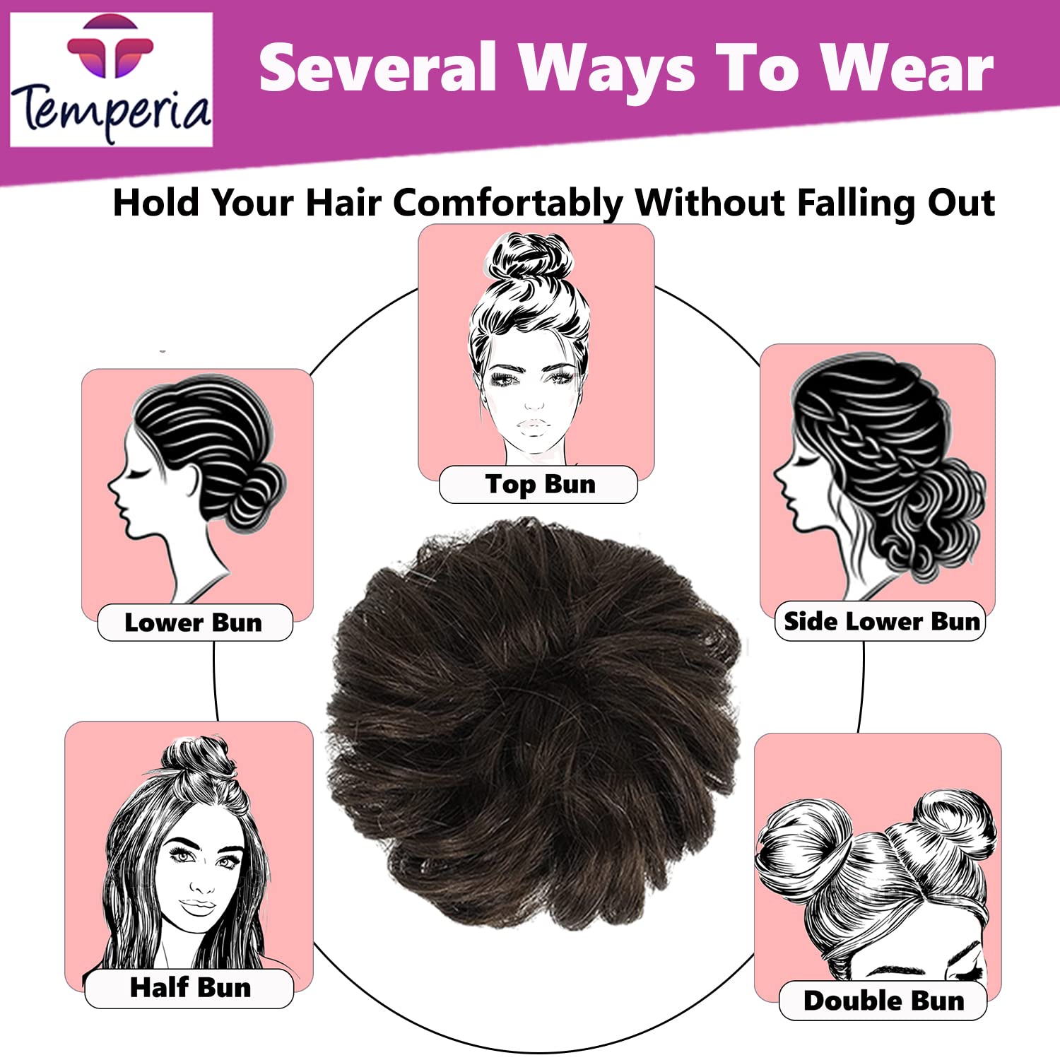 TEMPERIA (2-Pack) Women's Hair Bun Maker & Extension - Stylish Juda Hair Buns, Messy Bun Donut, Fake Hair Scrunchies with Elastic Band - Natural Brown - Perfect for Updos, Ponytails & Everyday Hairstyles