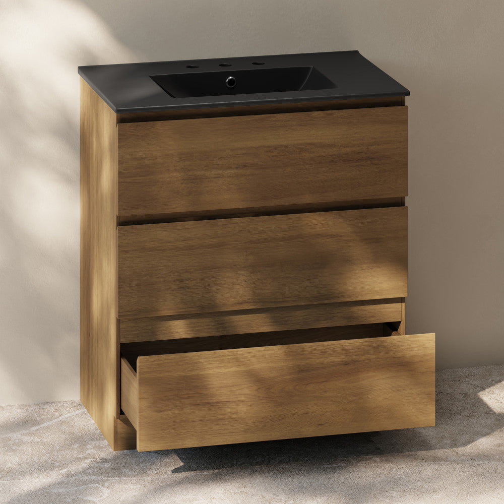 Liberte 30 Inch Freestanding Bathroom Vanity - Brown Oak Finish with Black 3-Hole Widespread Sink Top | Modern Bathroom Storage Solution for Small Spaces & Powder Rooms