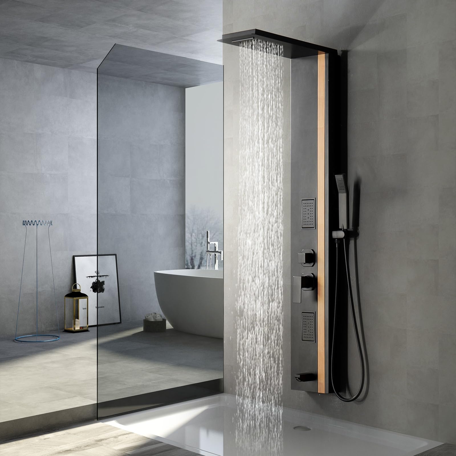 BWE Stainless Steel Shower Tower Panel System - Multi-Function Rainfall Shower Head with Waterfall, Massage Jets & Tub Spout for Luxury Bathroom Upgrade (Black) | Perfect for Spa-Like Experience in Master Bath & Modern Home Renovations