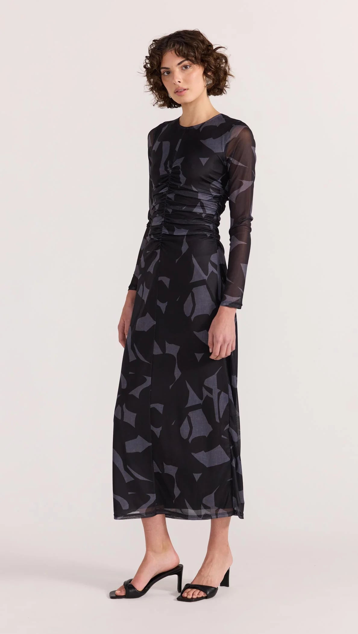 Aura Black Abstract Mesh Long Sleeve Midi Dress - Elegant Evening Wear for Parties & Special Occasions