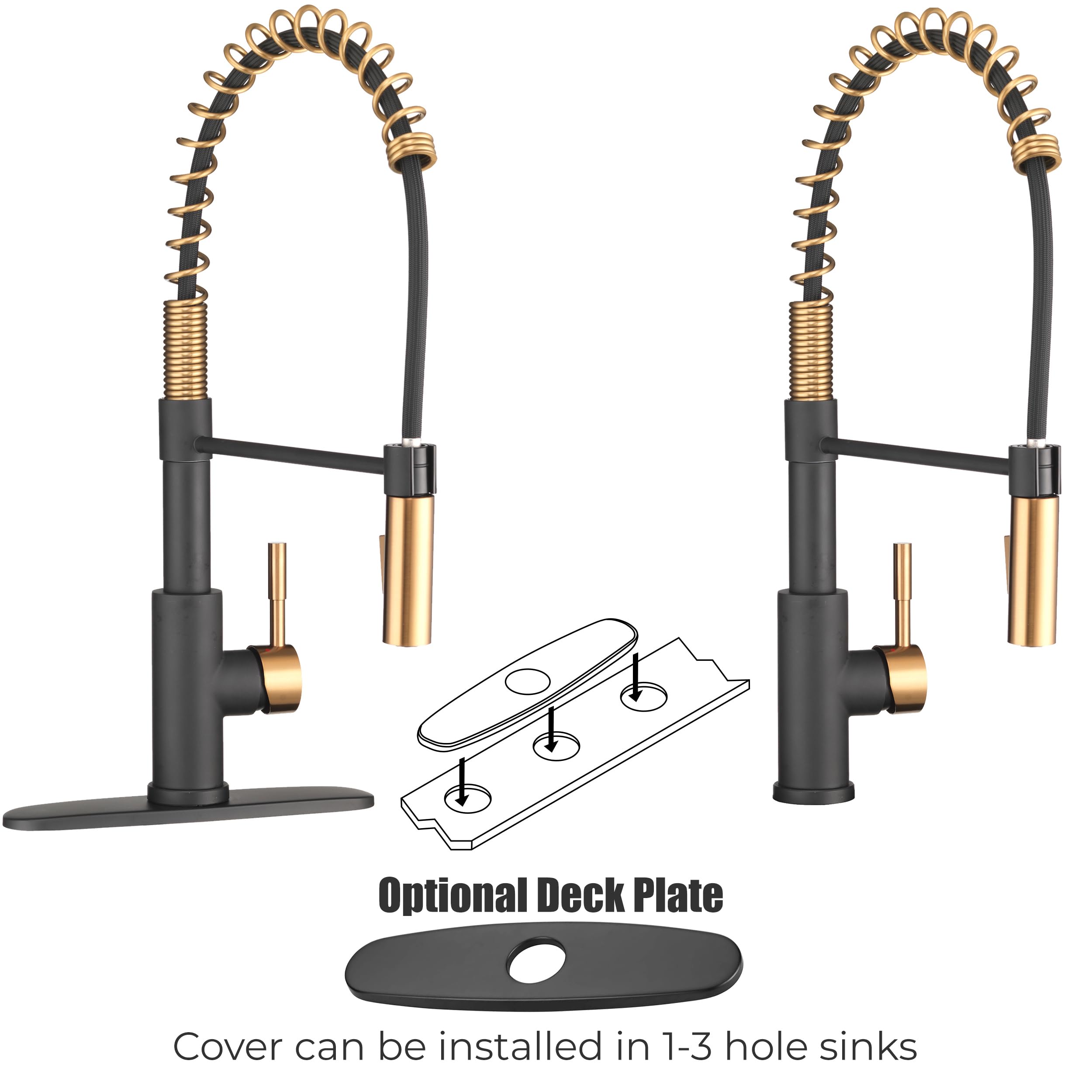 Dura Faucet DF-MK504SLK-MBRG RV Swivel High-Arc Spring Kitchen Sink Faucet - Single Handle Pull-Down Sprayer Faucet with Optional Deck Plate in Matte Black & Rose Gold - Perfect for RV, Tiny Homes, and Modern Kitchen Upgrades