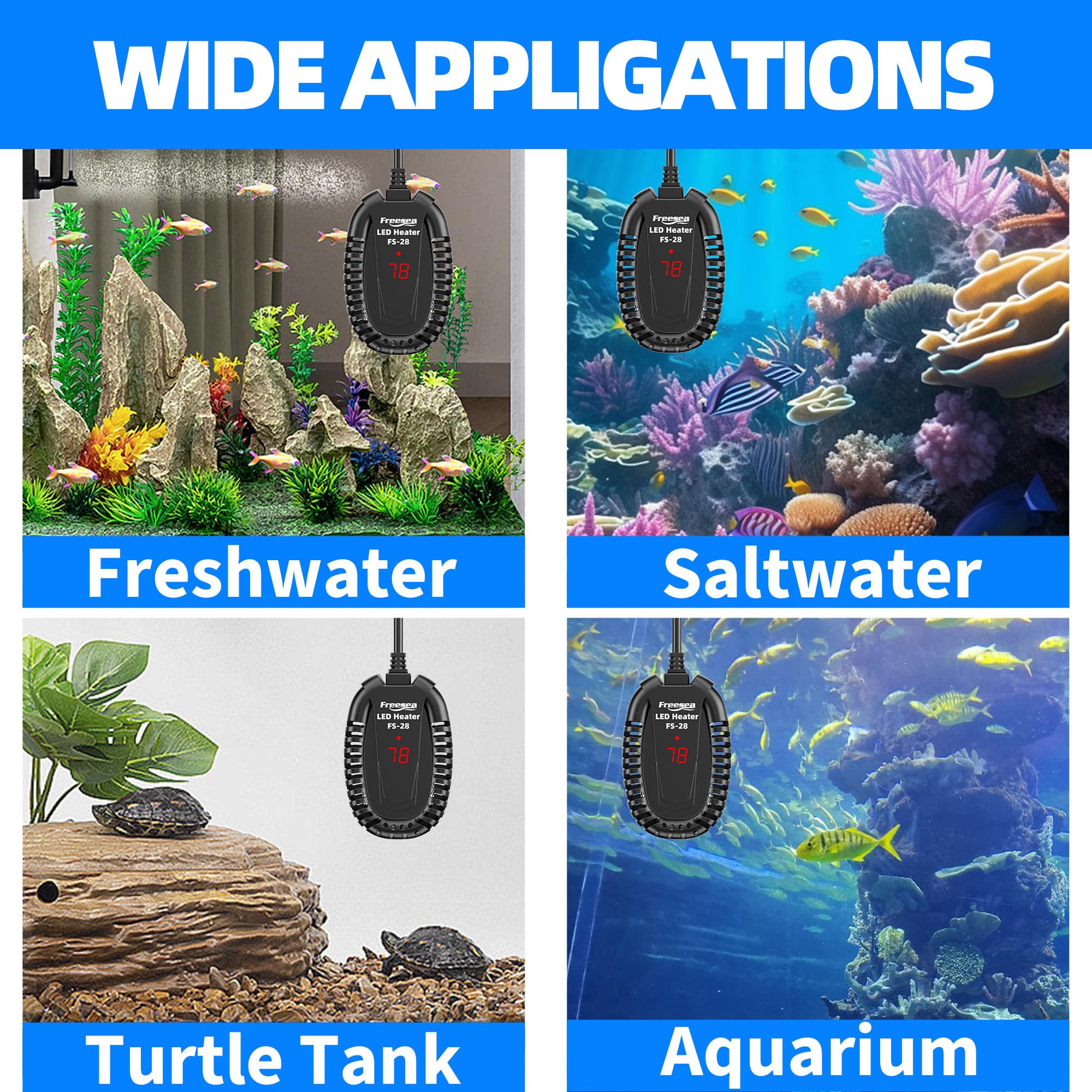 FREESEA 50W Submersible Aquarium Heater with Adjustable Temperature Controller - Perfect for Betta Fish, Turtles, Saltwater & Freshwater Tanks (1-10 Gallon) | Ideal for Home Aquariums, Fish Breeding & Pet Habitat Maintenance