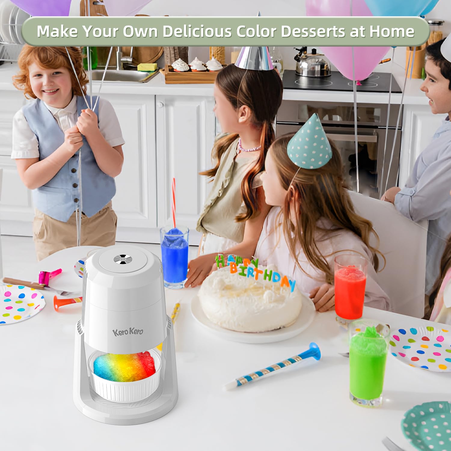Premium Kero Kero Snow Cone Maker Machine - Electric Shaved Ice Maker with 2 Reusable Ice Molds & Adjustable Blades for Fluffy or Crunchy Texture - Perfect for Snow Cones, Slushies, Margaritas, Cocktails & Party Drinks - Portable & Easy to Use White Ice Shaver for Home, Parties & Outdoor Events