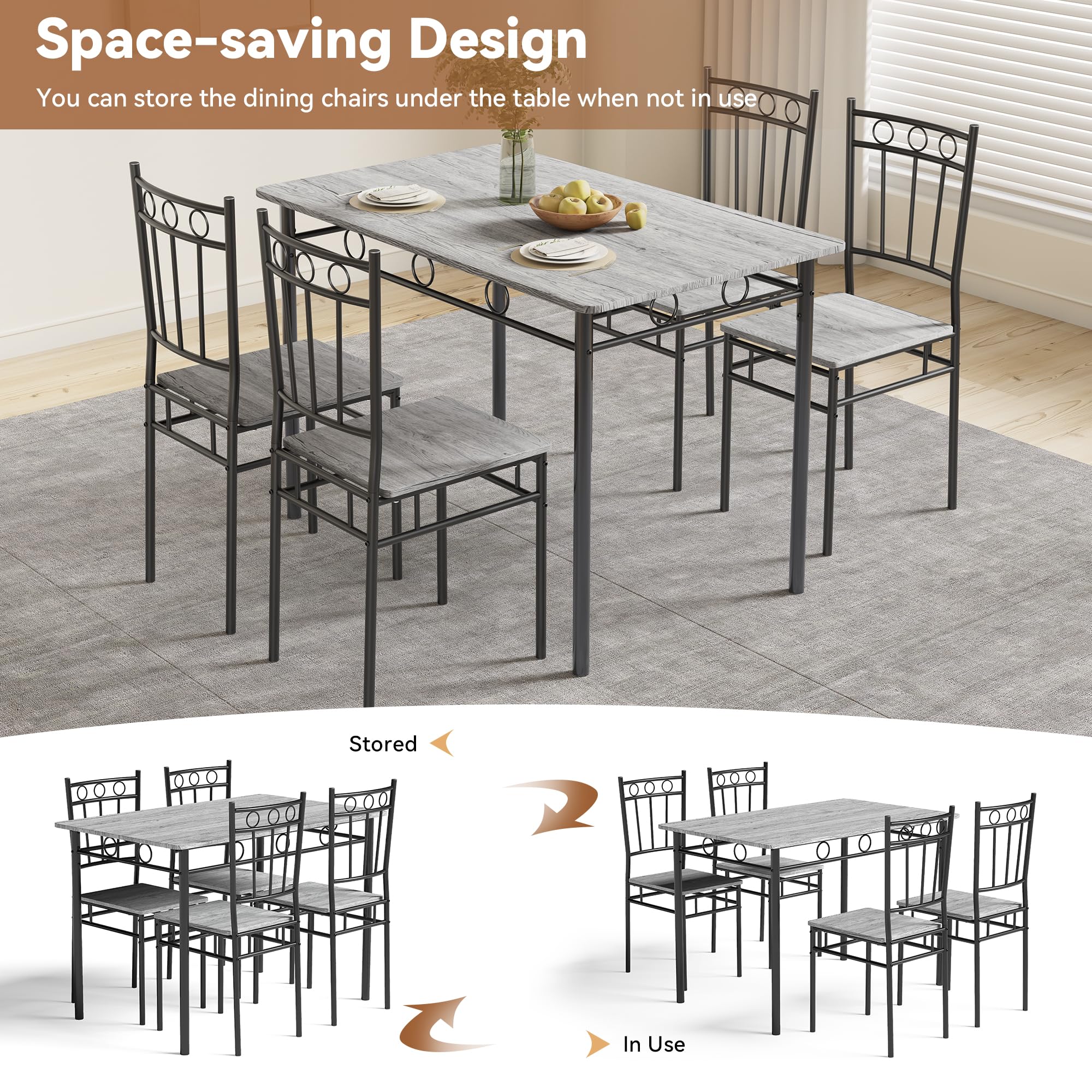 5-Piece Retro Grey Dining Table Set for 4 - Space-Saving Rectangular Kitchen Table with 4 Chairs - Perfect for Small Spaces, Apartments & Dinettes | Ideal for Family Meals, Dinner Parties & Cozy Breakfasts