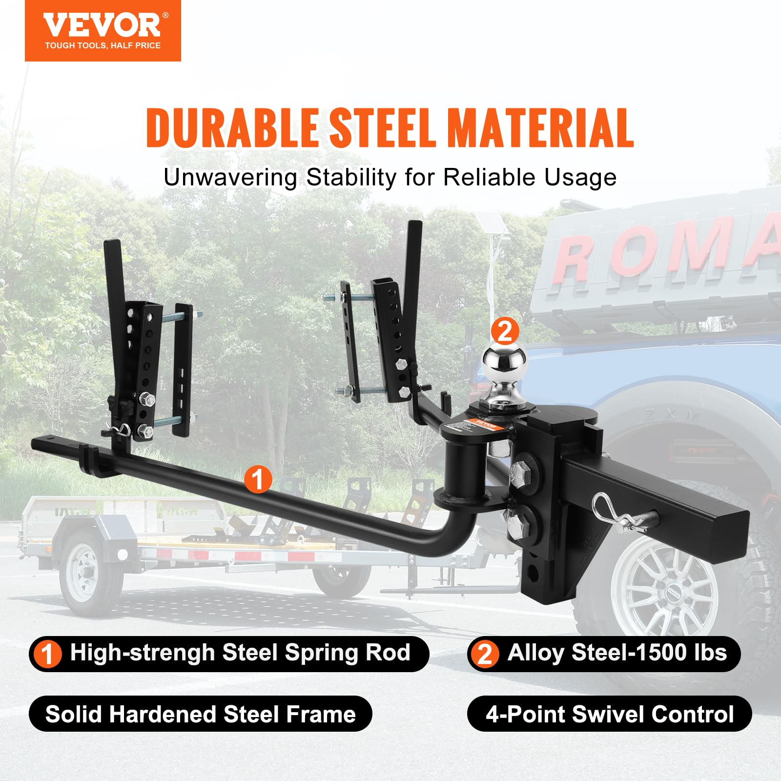 VEVOR Weight Distribution Hitch Kit - 1,500 lbs Capacity with Sway Control for Trailers - 2-in Solid Steel Shank & 2-5/16