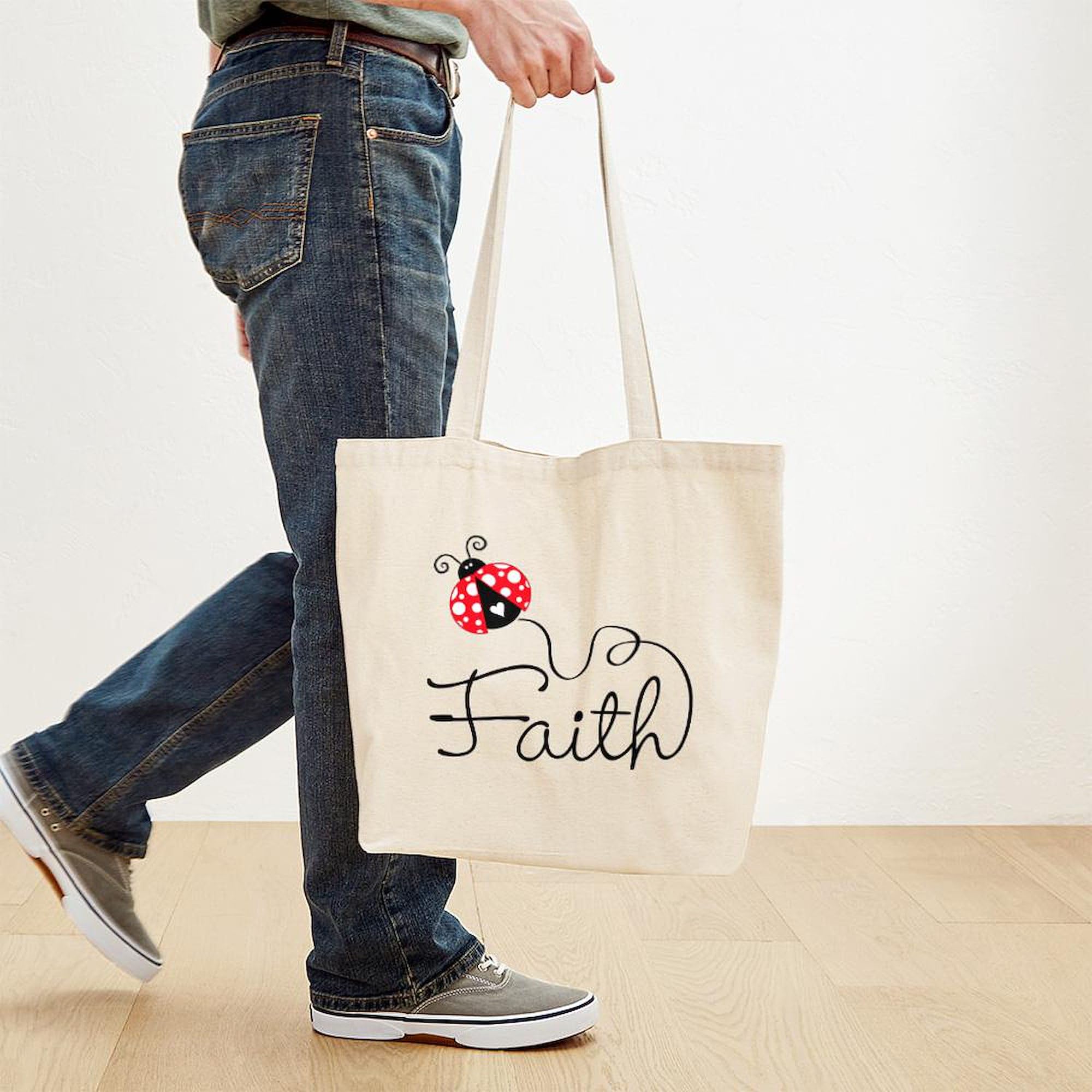 Ladybug Faith Tote Bag - Natural Canvas Reusable Shopping Bag for Women | Eco-Friendly Grocery Tote for Church, Bible Study & Daily Use