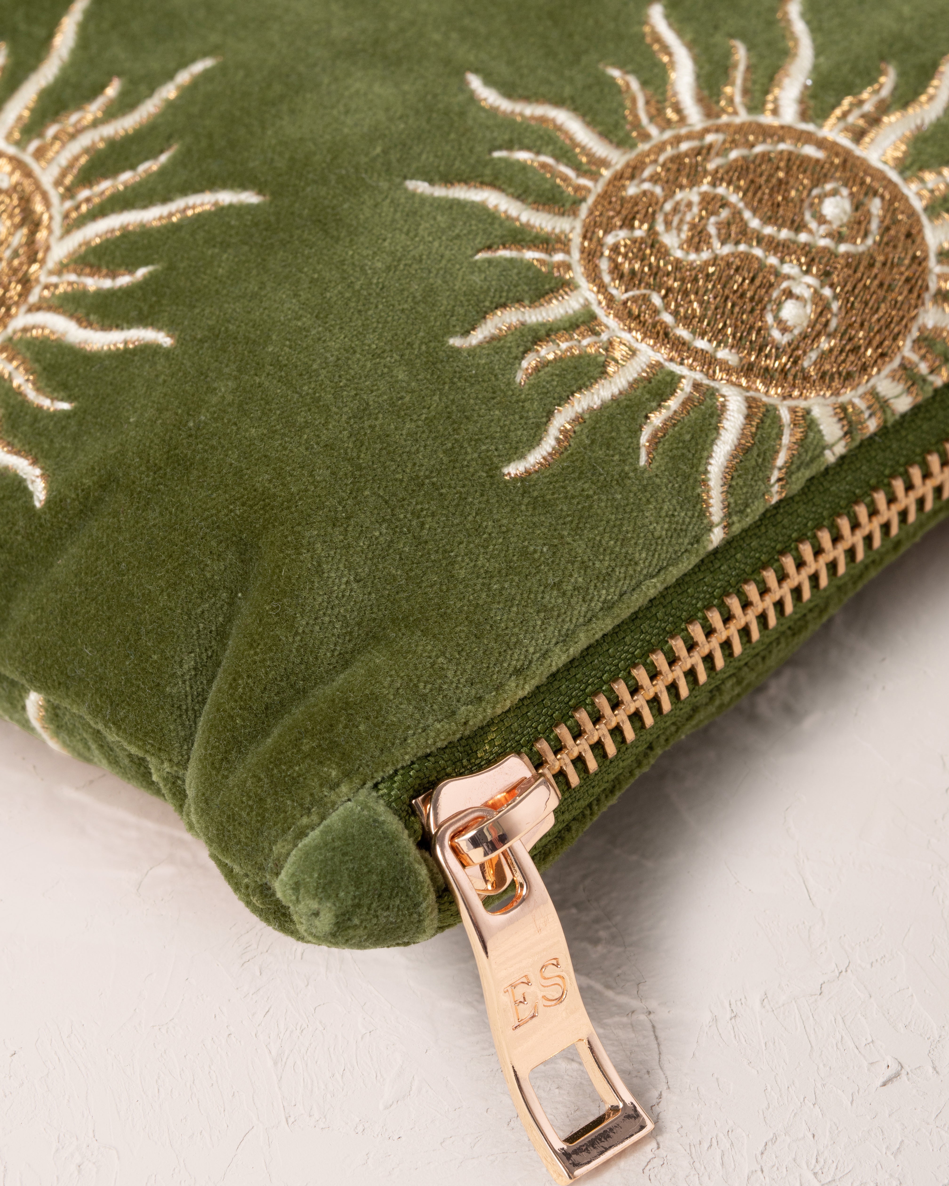 Elizabeth Scarlett Velvet Everyday Pouch - Fern Green Sun Goddess | Luxurious Makeup Bag & Travel Organizer | Perfect for Cosmetics, Jewelry & Essentials Storage