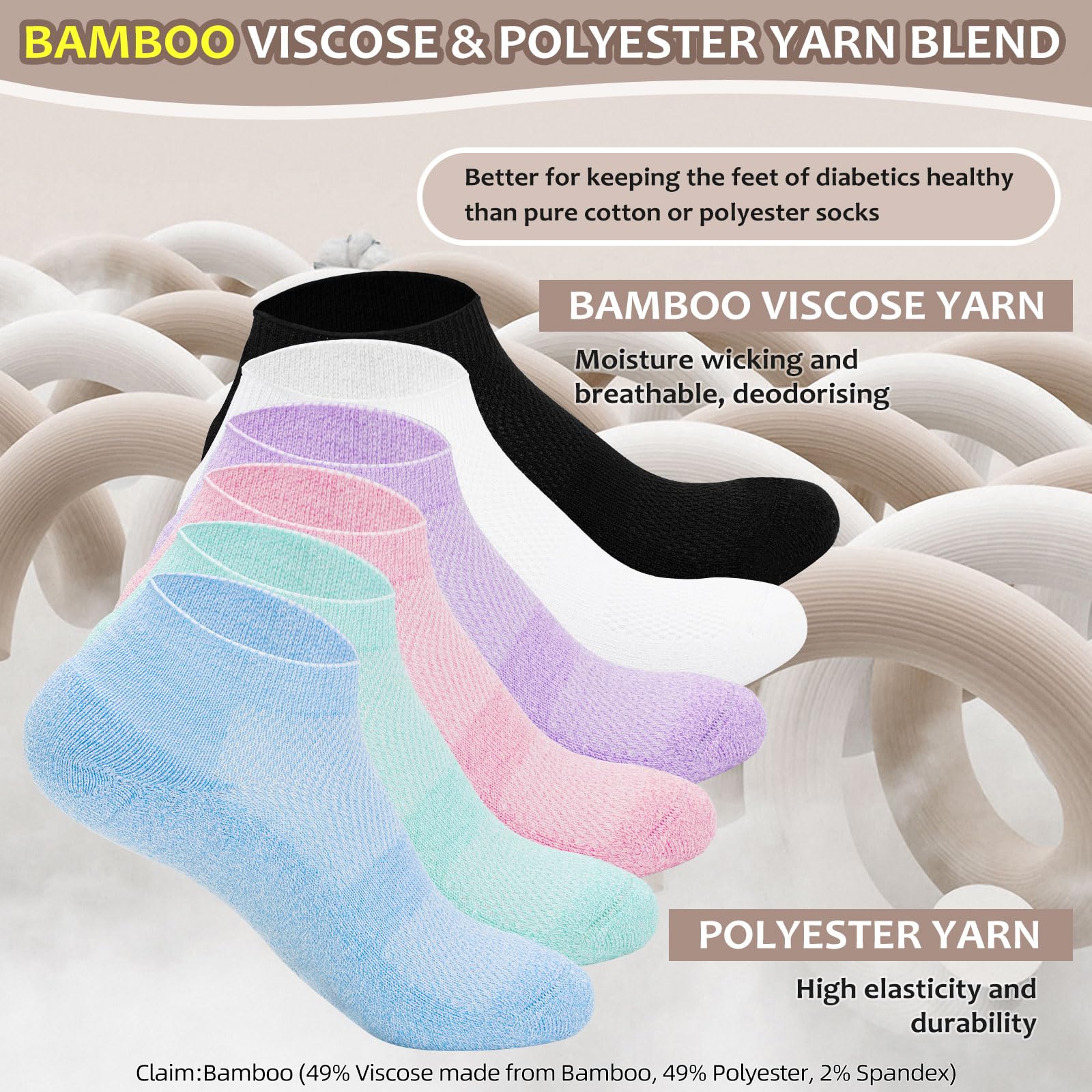 5 Pairs Diabetic Bamboo Socks for Men & Women - Non-Binding Low Cut Loose Fit Socks (Size 5-13) - Breathable Comfort for Diabetes Care & Daily Wear